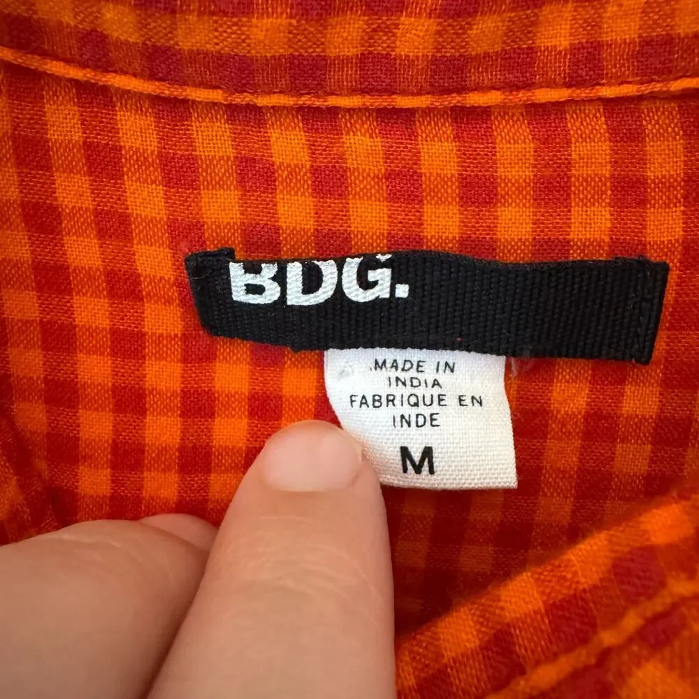 BDG Men's Cotton Orange Checkered Plaid Flannel Shirt Size Medium - Picture 6 of 6